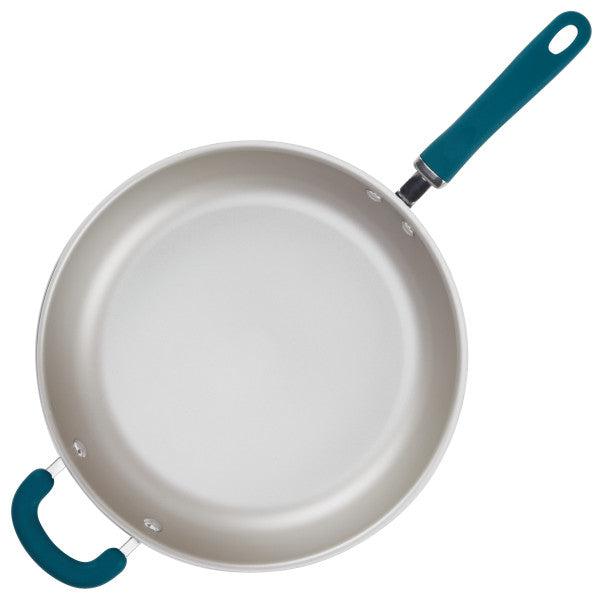 Nonstick Induction Deep Frying Pan with teal handles shown from above on white.