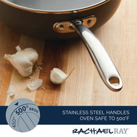 The 4-Quart Professional Hard Anodized Nonstick Saucier with Lid features a stainless steel handle and comes adorned with garlic cloves, highlighting its chic design and oven safety rating. Additionally, it belongs to our dishwasher safe cookware collection, offering convenience without sacrificing quality.