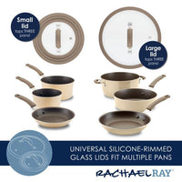 The Cook + Create Nonstick Cookware Sets offer aluminum pots and pans that come with tempered glass lids, designed with silicone rims to seamlessly fit various pans.