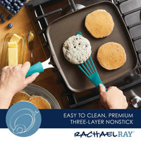 A person expertly flips pancakes on an 11-Inch Cook + Create Nonstick Square Griddle Pan with a teal spatula, showcasing the stovetop performance and durability of its thicker gauge aluminum design.