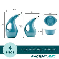 EVOO Bottle and Ramekin Dipper Set in blue, featuring an oil bottle and ceramic dippers with precise dimensions. Dishwasher safe for convenient cleaning.
