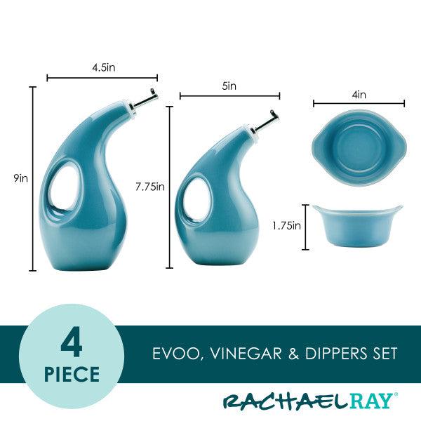 EVOO Bottle and Ramekin Dipper Set in blue, featuring an oil bottle and ceramic dippers with precise dimensions. Dishwasher safe for convenient cleaning.