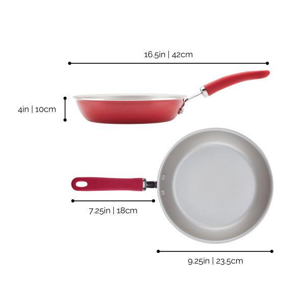 Nonstick Induction Deep Frying Pan, red, with labeled measurements.