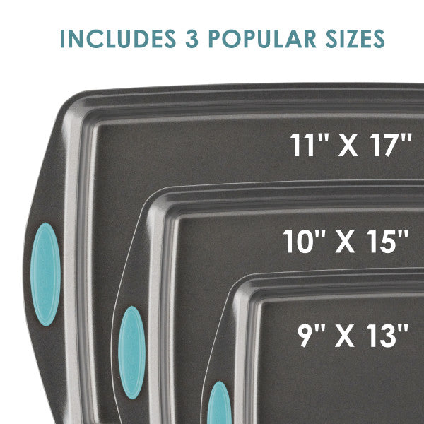 The 3-Piece Nonstick Sheet Pan Set consists of three durable steel baking sheets that are oven-safe and come in sizes of 11x17, 10x15, and 9x13 inches, designed for long-lasting use.