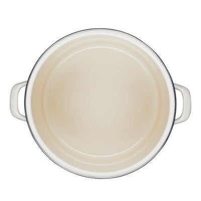 Top view of an empty white pot with two handles.