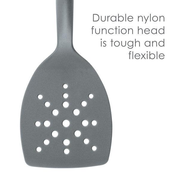 This 3-piece Lazy Spoon and Turner set in gray nylon is a versatile and durable addition to your kitchen, ideal for use with nonstick pots and pans. The design ensures both flexibility and strength, making it essential for all your cooking needs.