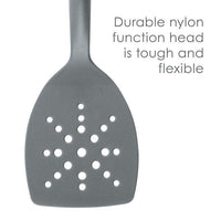 This 3-piece Lazy Spoon and Turner set in gray nylon is a versatile and durable addition to your kitchen, ideal for use with nonstick pots and pans. The design ensures both flexibility and strength, making it essential for all your cooking needs.