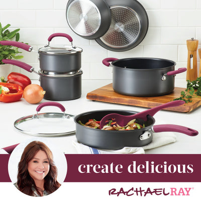 Cookware set with purple handles, food inside pan, and "Create Delicious" text.