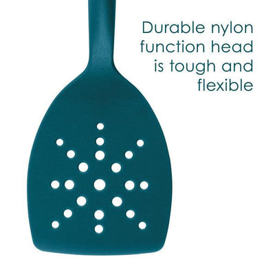 Nylon slotted spatula with a teal handle and snowflake hole pattern.