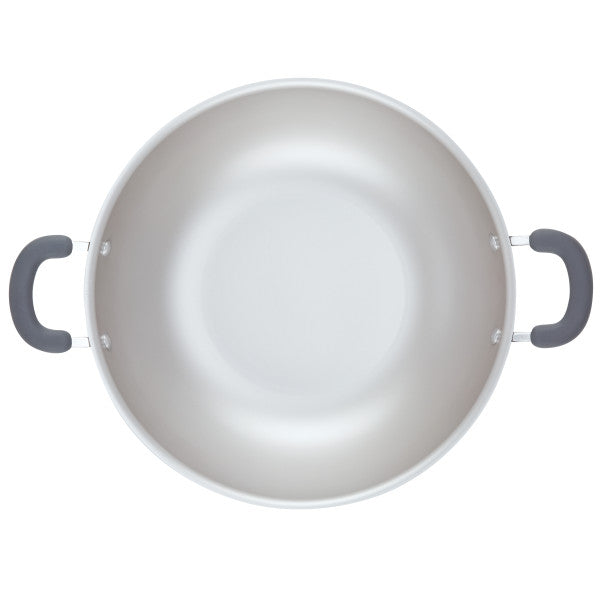 Empty cooking pot with two black handles, viewed from above.