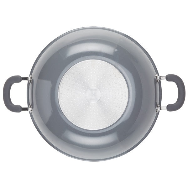 Top view of 14.25-inch nonstick induction wok with two black handles.