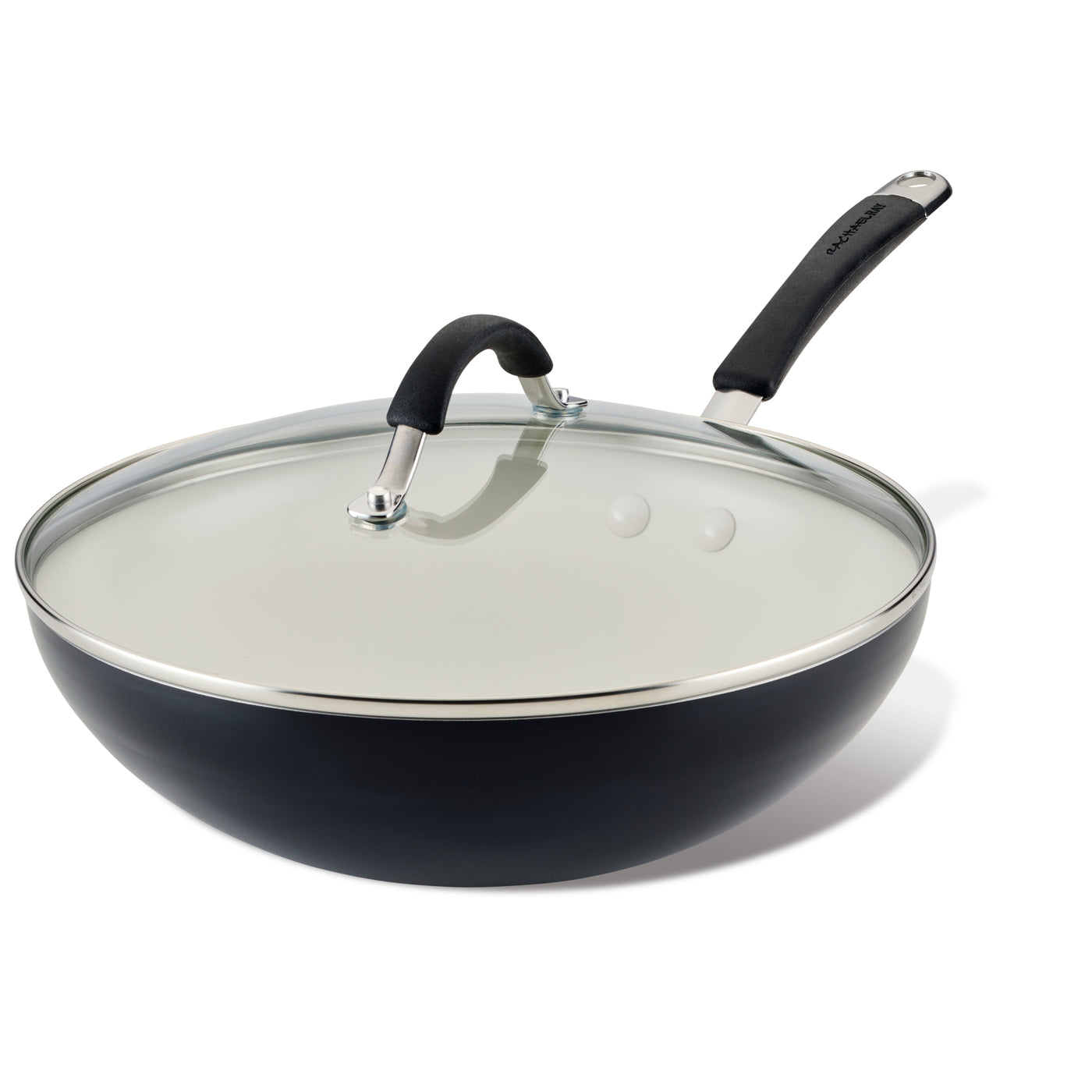 Ceramic Nonstick Stir Fry Pan with glass lid and black handle on white background.