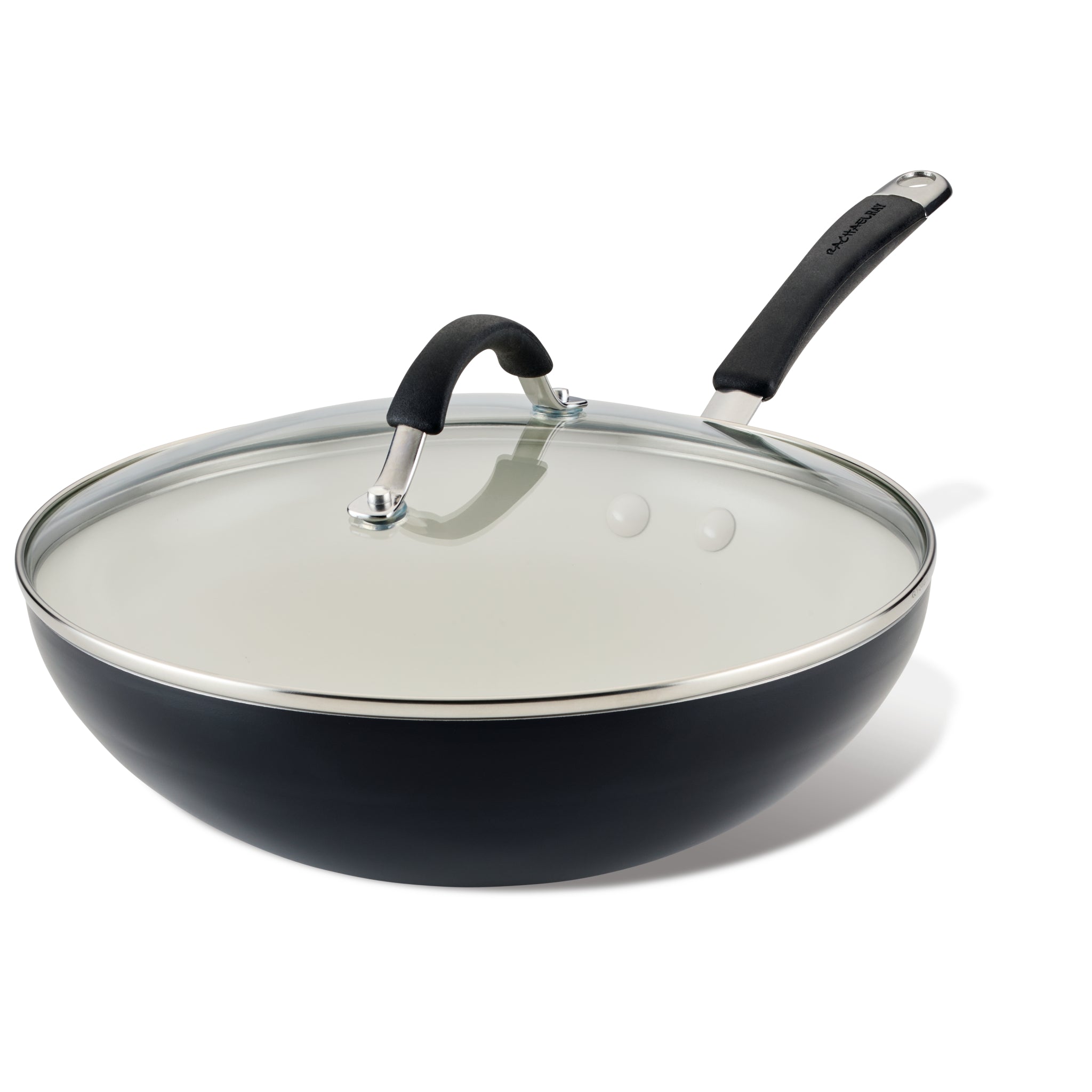 Ceramic Nonstick Stir Fry Pan with glass lid and black handle on white background.