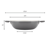 Gray pot with measurements: 18.5in wide, 14in length, 4in height, 7.75in base.