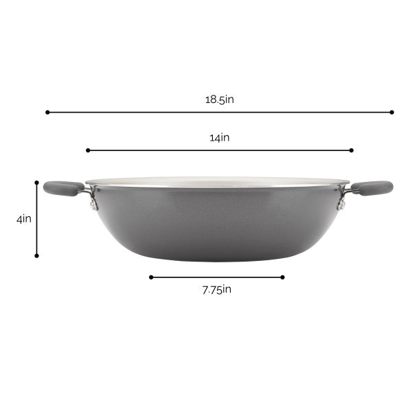 Gray pot with measurements: 18.5in wide, 14in length, 4in height, 7.75in base.
