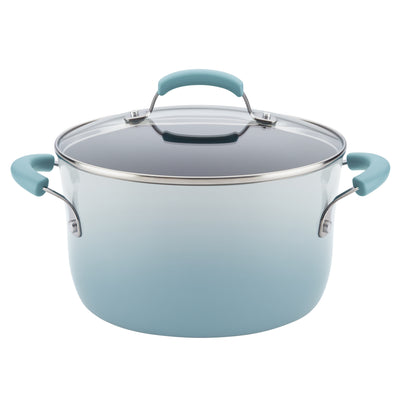 Light blue stockpot with lid and matching handles.