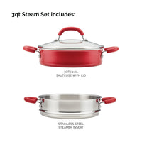Red sauteuse with lid and stainless steel steamer insert.