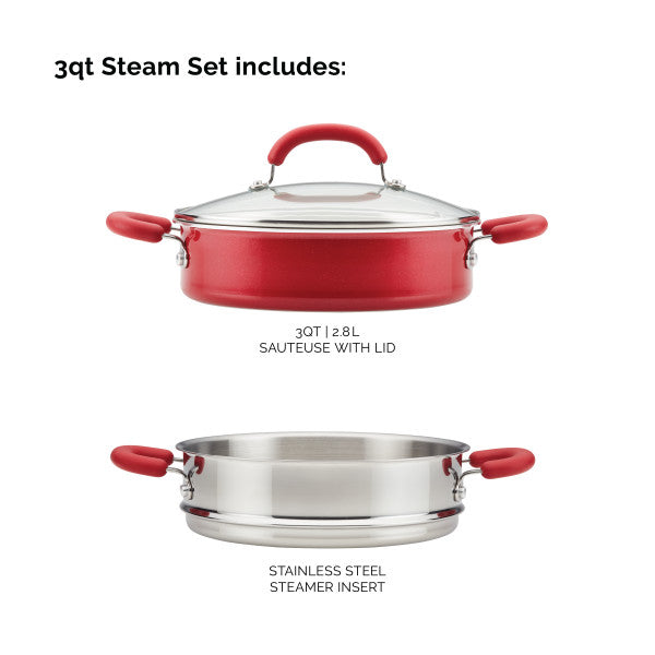Red sauteuse with lid and stainless steel steamer insert.