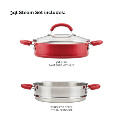 Red sauteuse with lid and stainless steel steamer insert.