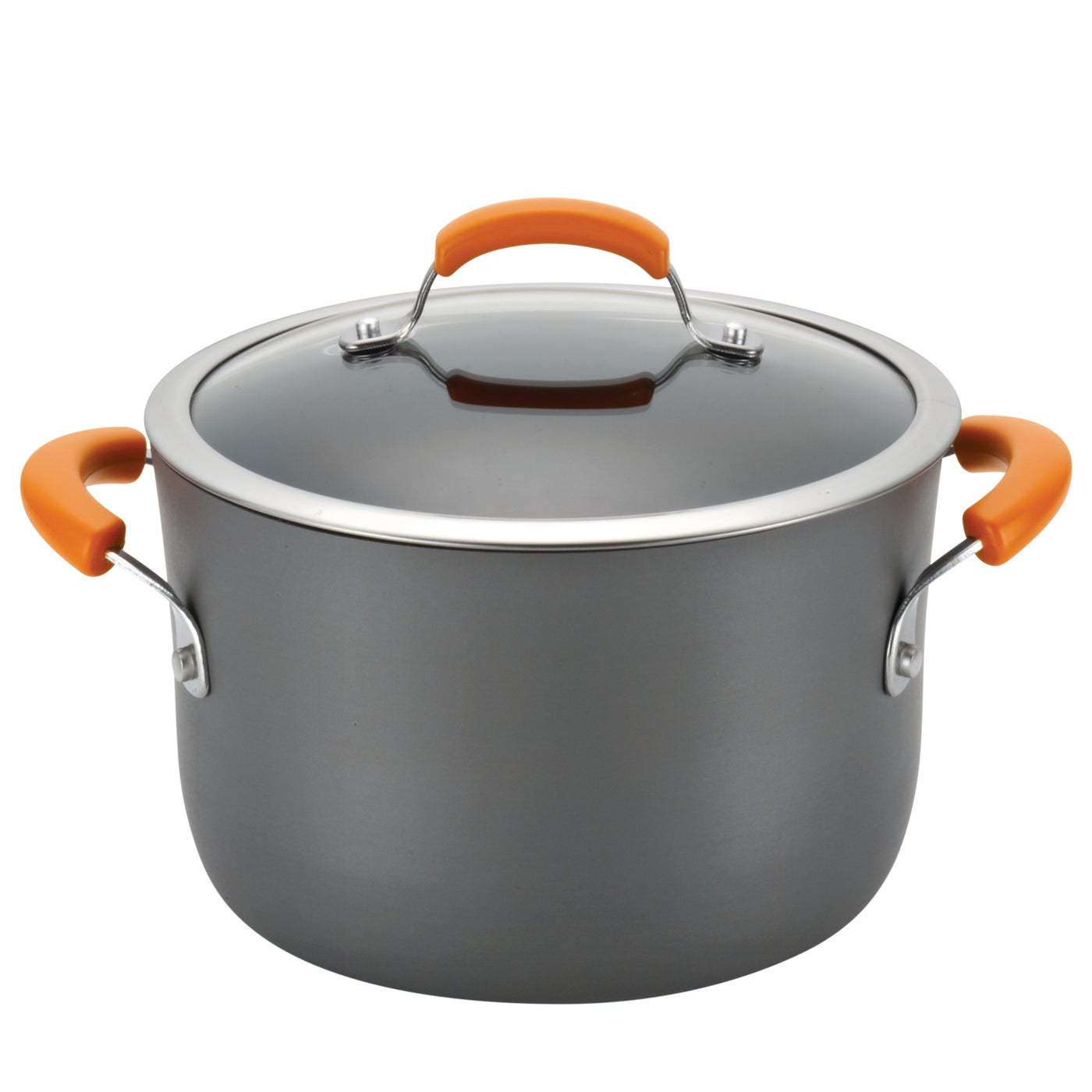 Large gray cooking pot with orange handles and a glass lid.