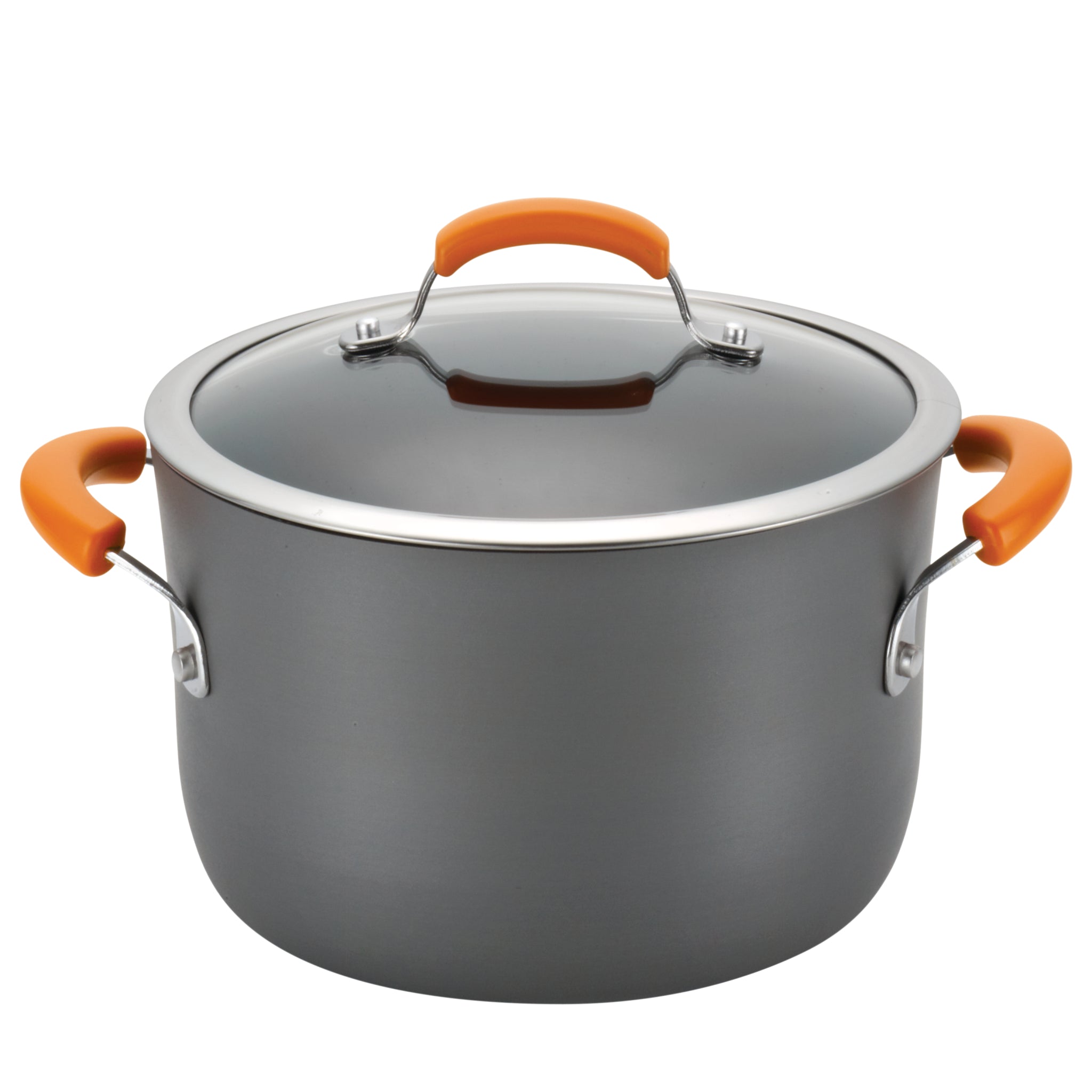 Large gray cooking pot with orange handles and a glass lid.