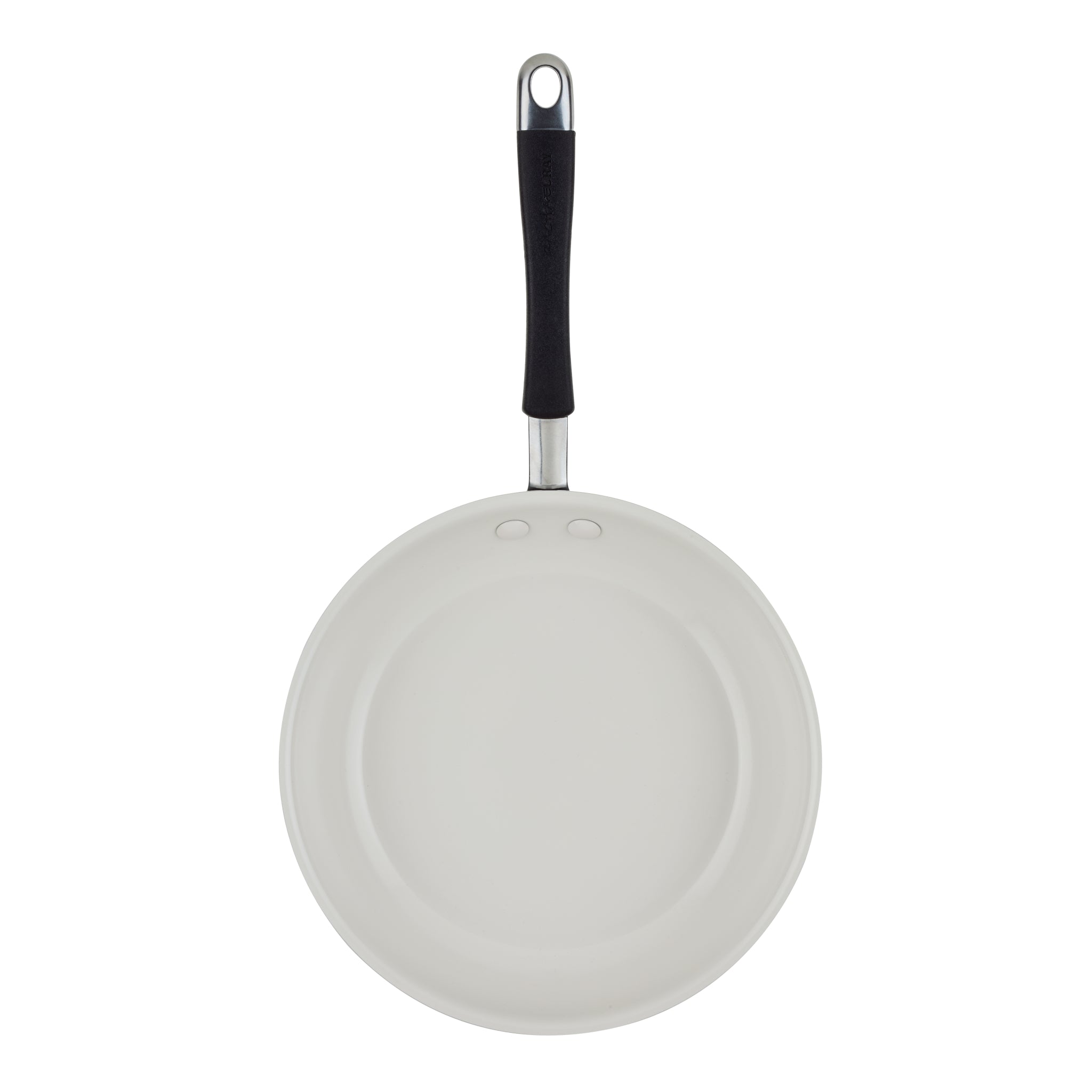 10-Piece Ceramic Nonstick Cookware Set with black-handled frying pan, top view.