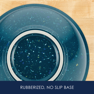 Blue bowl with a speckled design and a rubberized, non-slip base.