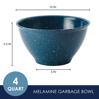 Blue melamine garbage bowl, 4 quart, with size dimensions displayed.