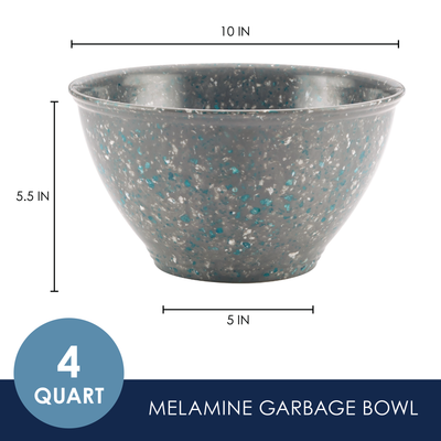 Gray speckled melamine garbage bowl, 4-quart, with dimensions shown.