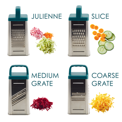 Four-sided grater showing julienne, slice, medium grate, and coarse grate.