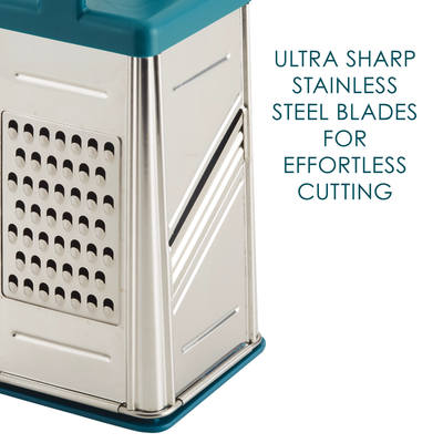 Stainless steel box grater with sharp blades for effortless cutting.