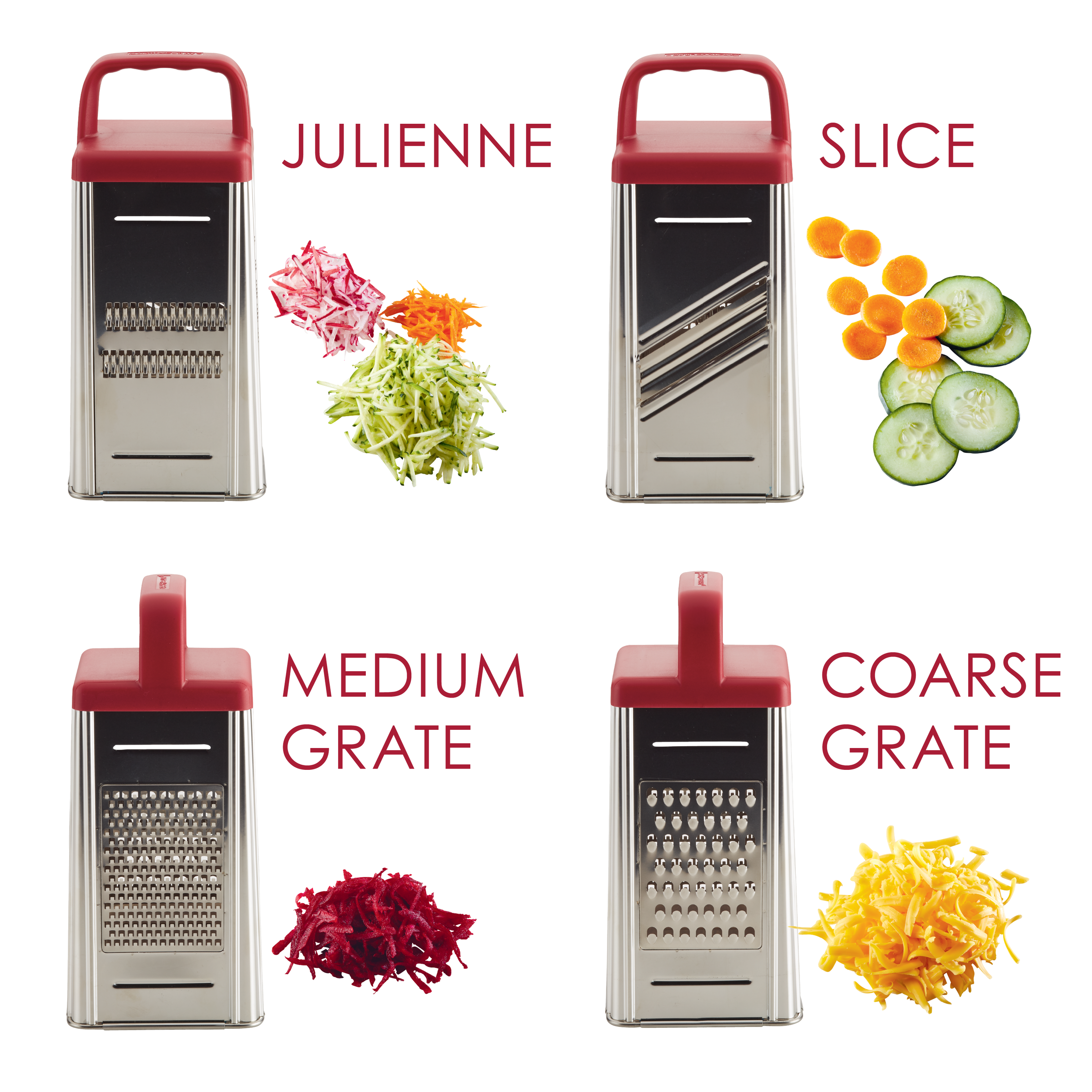 Four-sided kitchen grater showing julienne, slice, medium, and coarse grates.