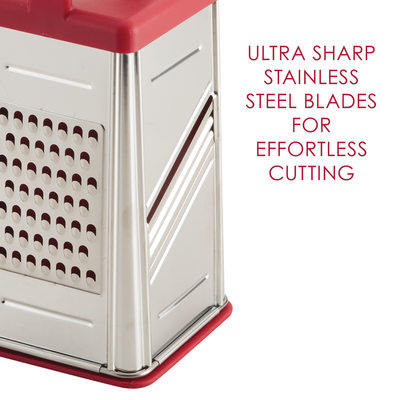 Stainless steel box grater with a red handle and various cutting surfaces.