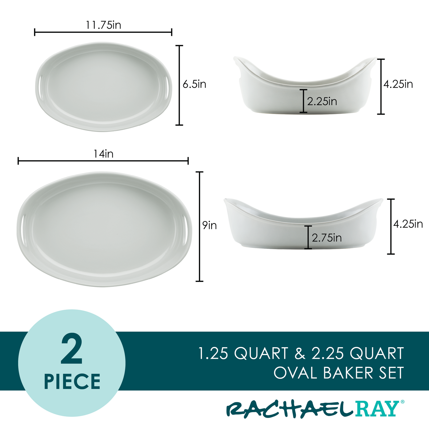 Two-piece oval baker set with dimensions and Rachael Ray branding.