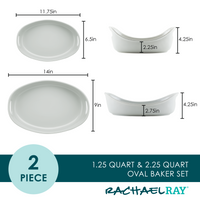 Two-piece oval baker set with dimensions and Rachael Ray branding.