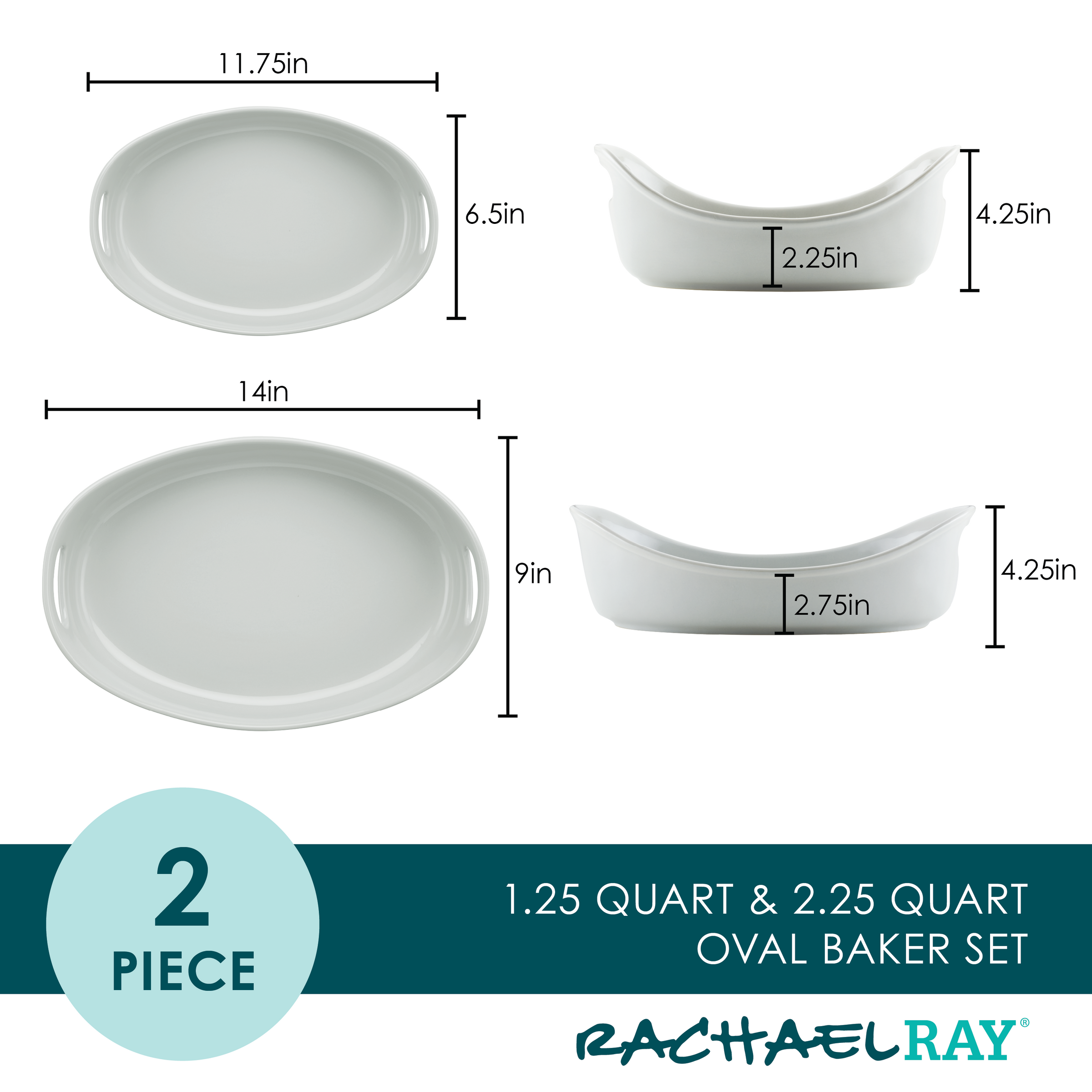 Two-piece oval baker set with dimensions and Rachael Ray branding.