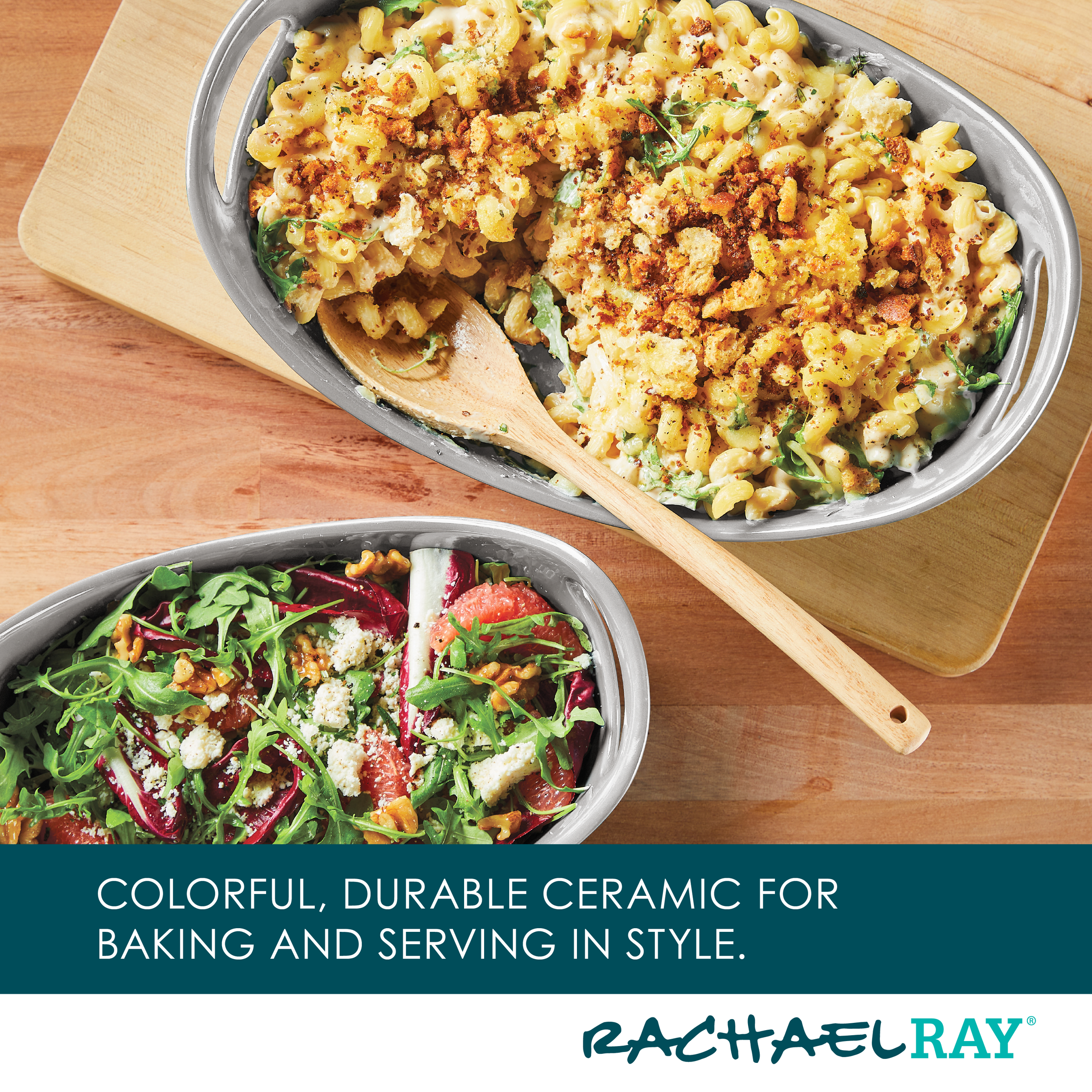 Ceramic dishes with pasta bake and salad on a wooden surface.