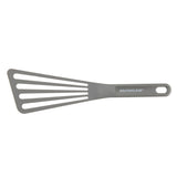 Gray slotted spatula with a hole in the handle for hanging.