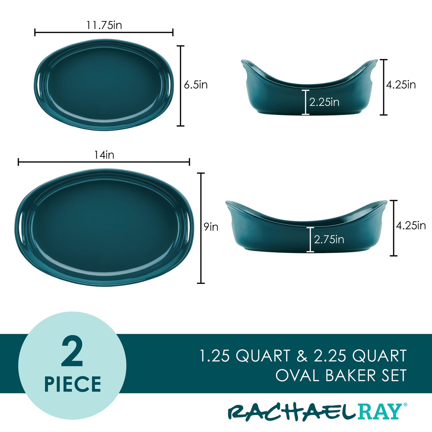 Teal oval baker set with dimensions shown; includes two pieces.