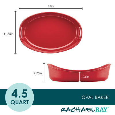 Red oval baker with dimensions; 17" x 11.75" x 4.75", 4.5 quart capacity.