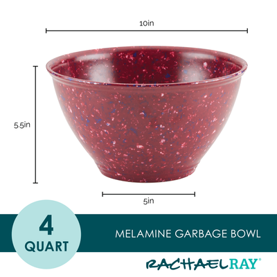 Red speckled melamine garbage bowl, 4-quart capacity, 10x5.5 inches size.