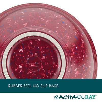 Red speckled bowl with rubberized, non-slip base, brand logo visible.