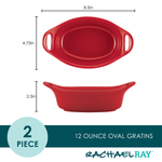 Red ceramic oval gratin dish set with dimensions and brand name shown.