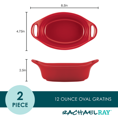Red ceramic oval gratin dish set with dimensions and brand name shown.