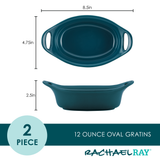 Two-piece 12-ounce oval gratins with dimensions and brand logo.