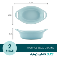 Light blue 12 oz oval gratin dishes with dimensions, 2-piece set.