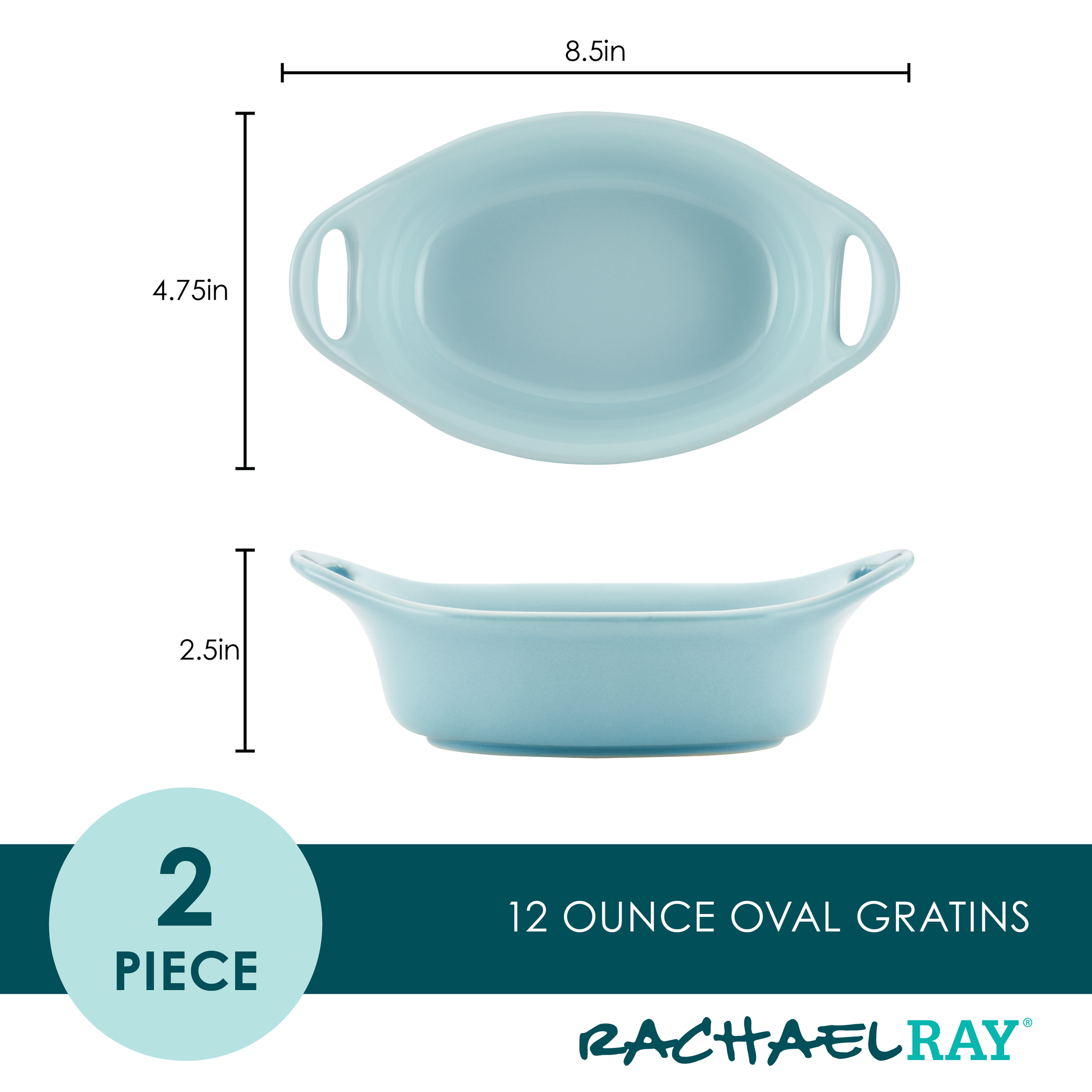Light blue 12 oz oval gratin dishes with dimensions, 2-piece set.