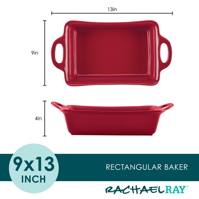 Red 9x13 inch rectangular baker with handles, shown from top and side.