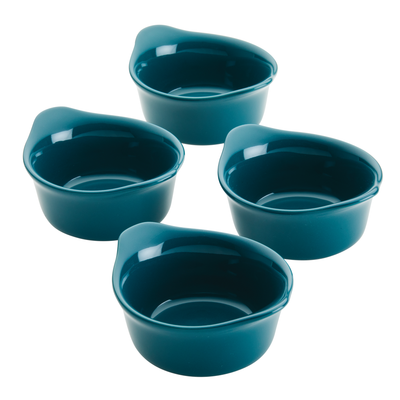 Four teal ceramic bowls with handles arranged on a white background.