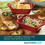 Red ceramic dishes with baked spinach dip and toasted bread slices.